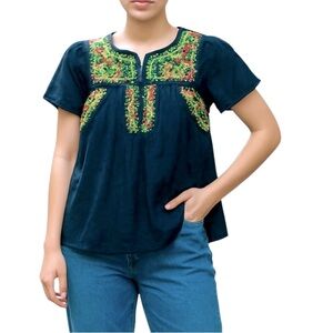 MM Couture embroidered Silk tunic Navy Women S Puff sleeves Round split neck